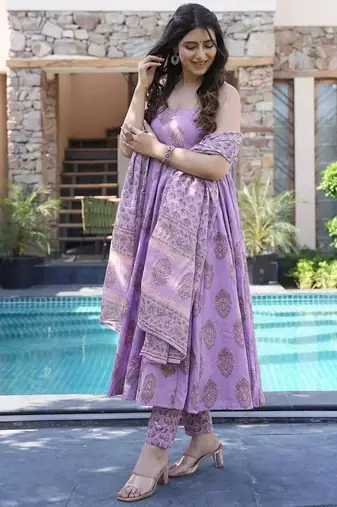 Floral printed muslin round neck anarkali set for women
