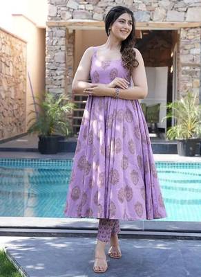 Floral printed muslin round neck anarkali set for women 3