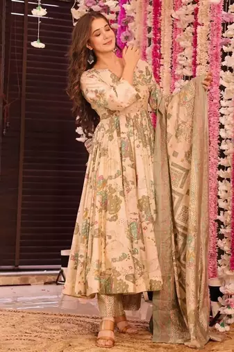 Floral printed muslin v neck anarkali set for women