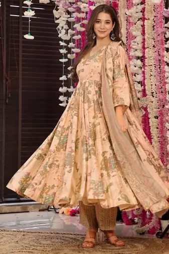 Floral printed muslin v neck anarkali set for women