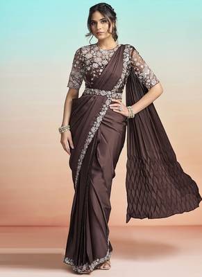 Coffee lustrous satin silk embroidery ready to wear saree 1