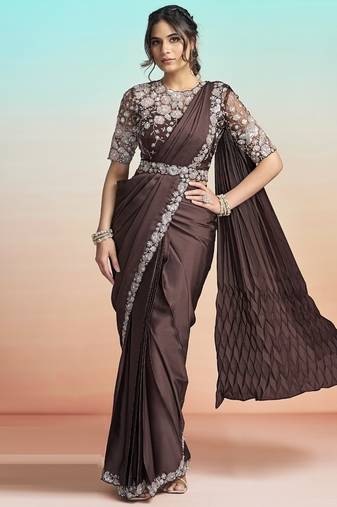 Coffee lustrous satin silk embroidery ready to wear saree