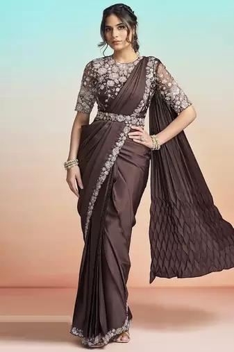 Coffee lustrous satin silk embroidery ready to wear saree