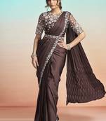 Coffee lustrous satin silk embroidery ready to wear saree