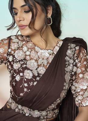 Coffee lustrous satin silk embroidery ready to wear saree 2