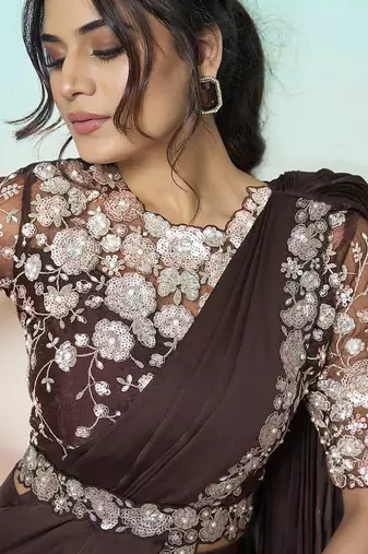 Coffee lustrous satin silk embroidery ready to wear saree