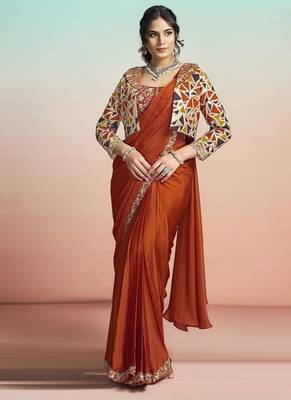 Orange lustrous satin silk embroidery ready to wear saree 1