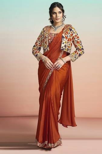 Orange lustrous satin silk embroidery ready to wear saree