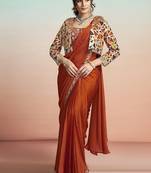 Orange lustrous satin silk embroidery ready to wear saree