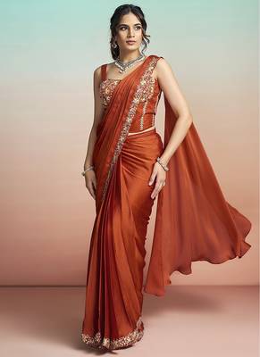 Orange lustrous satin silk embroidery ready to wear saree 2