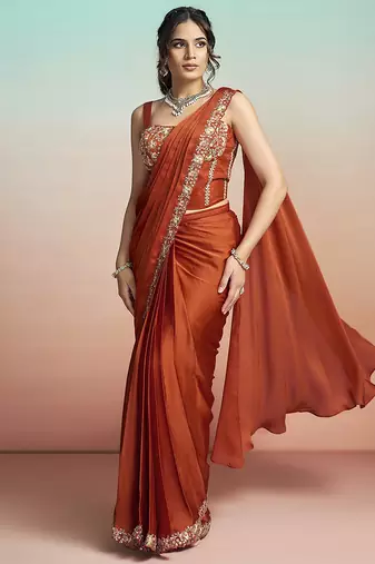Orange lustrous satin silk embroidery ready to wear saree