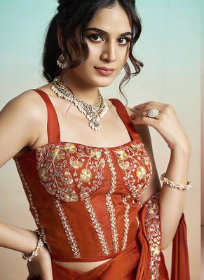 Orange lustrous satin silk embroidery ready to wear saree 4