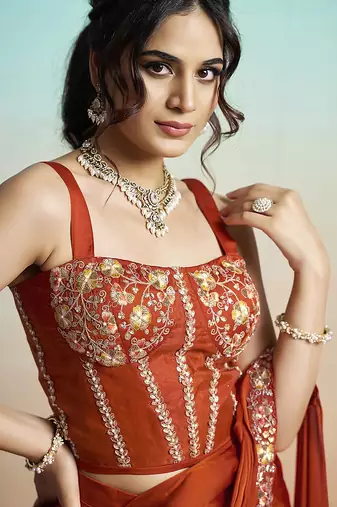 Orange lustrous satin silk embroidery ready to wear saree