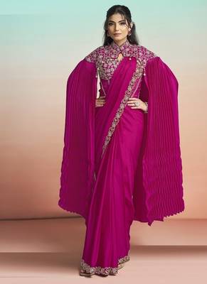 Rani satin silk embroidery ready to wear saree 1