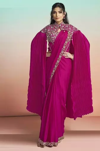 Rani satin silk embroidery ready to wear saree