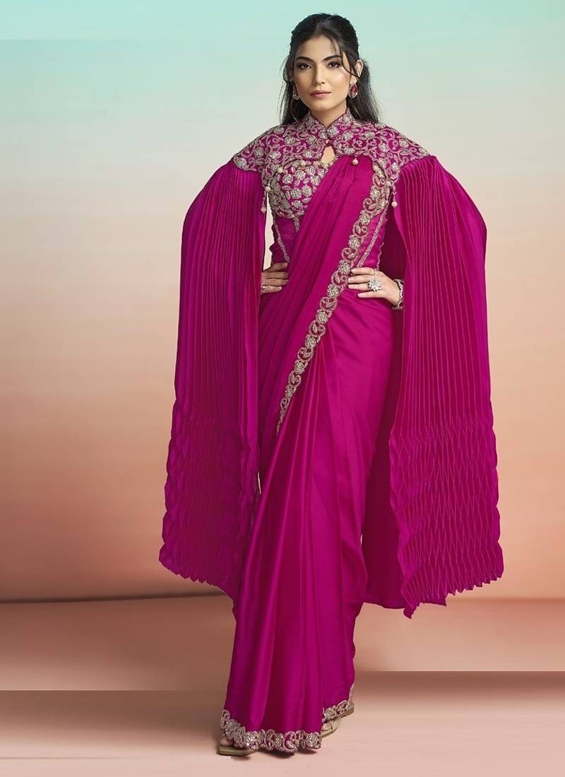 Rani satin silk embroidery ready to wear saree