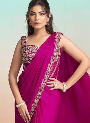 Rani satin silk embroidery ready to wear saree 2