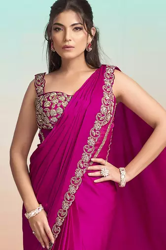Rani satin silk embroidery ready to wear saree