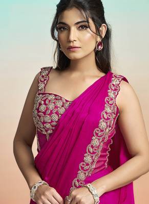 Rani satin silk embroidery ready to wear saree 3