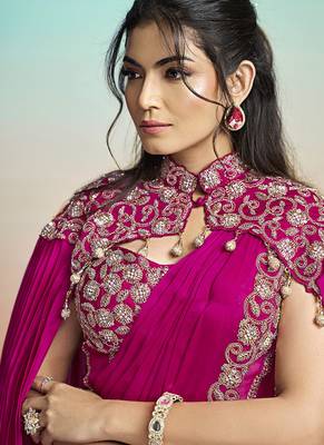 Rani satin silk embroidery ready to wear saree 4