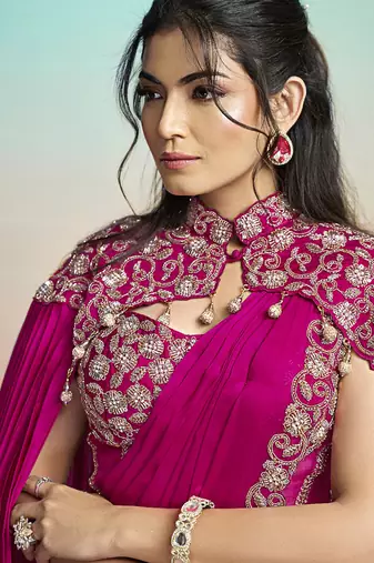 Rani satin silk embroidery ready to wear saree