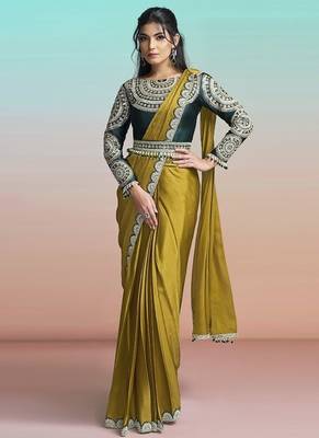 Mustard yellow georgette chiffon satin embroidery ready to wear saree 1