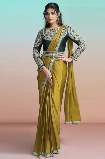 Mustard yellow georgette chiffon satin embroidery ready to wear saree
