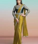 Mustard yellow georgette chiffon satin embroidery ready to wear saree