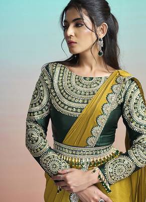 Mustard yellow georgette chiffon satin embroidery ready to wear saree 2