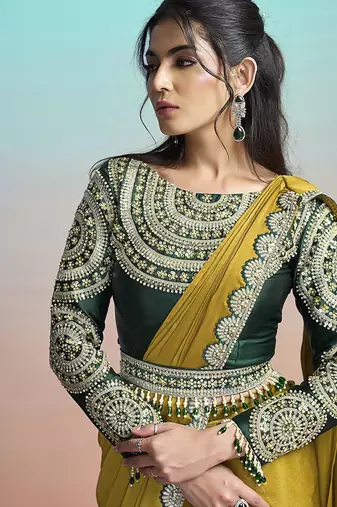 Mustard yellow georgette chiffon satin embroidery ready to wear saree