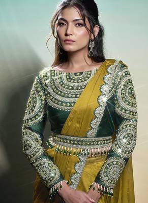 Mustard yellow georgette chiffon satin embroidery ready to wear saree 3