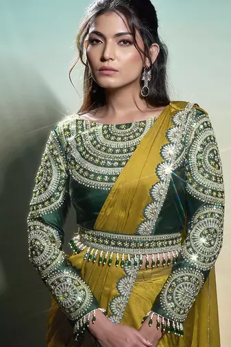 Mustard yellow georgette chiffon satin embroidery ready to wear saree
