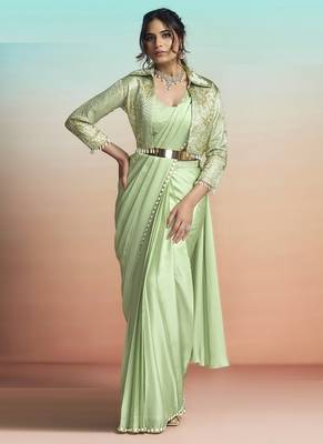 Pista green lustrous satin silk embroidery ready to wear saree 1