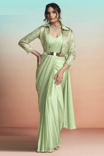 Pista green lustrous satin silk embroidery ready to wear saree