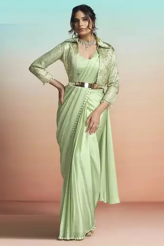 Pista green lustrous satin silk embroidery ready to wear saree