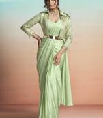 Pista green lustrous satin silk embroidery ready to wear saree