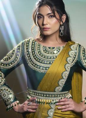 Mustard yellow georgette chiffon satin embroidery ready to wear saree 4