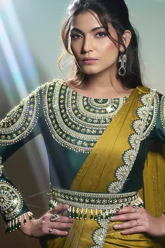 Mustard yellow georgette chiffon satin embroidery ready to wear saree