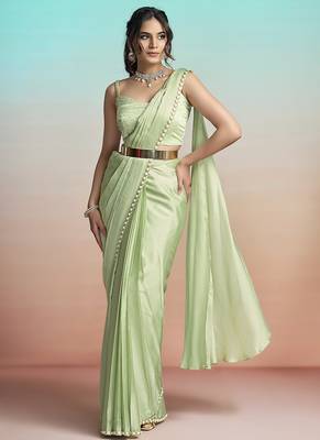 Pista green lustrous satin silk embroidery ready to wear saree 2