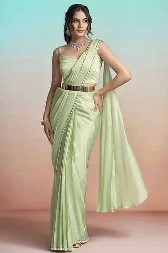 Pista green lustrous satin silk embroidery ready to wear saree