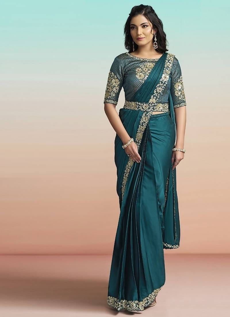 Rama lustrous satin silk embroidery ready to wear saree