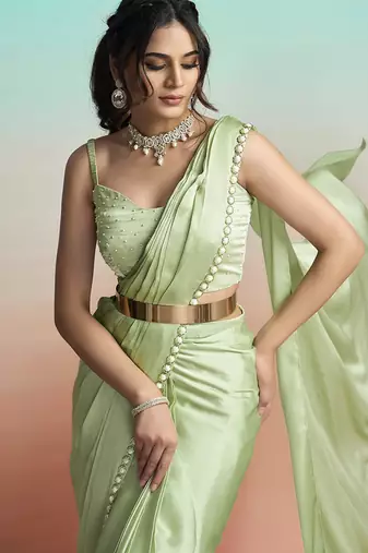 Pista green lustrous satin silk embroidery ready to wear saree