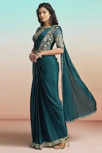 Rama lustrous satin silk embroidery ready to wear saree