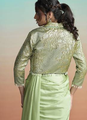Pista green lustrous satin silk embroidery ready to wear saree 4