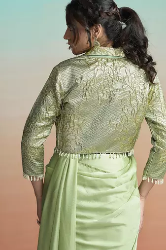 Pista green lustrous satin silk embroidery ready to wear saree