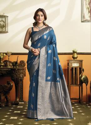peacock blue soft silk saree with tassels festival wear saree 1