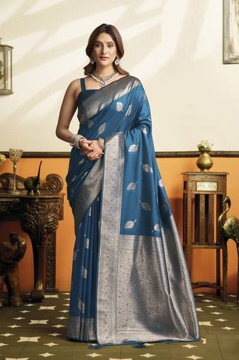 peacock blue soft silk saree with tassels festival wear saree