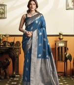 peacock blue soft silk saree with tassels festival wear saree