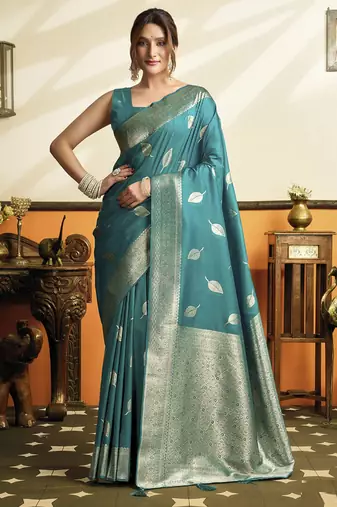peacock green soft silk saree with tassels festival wear saree