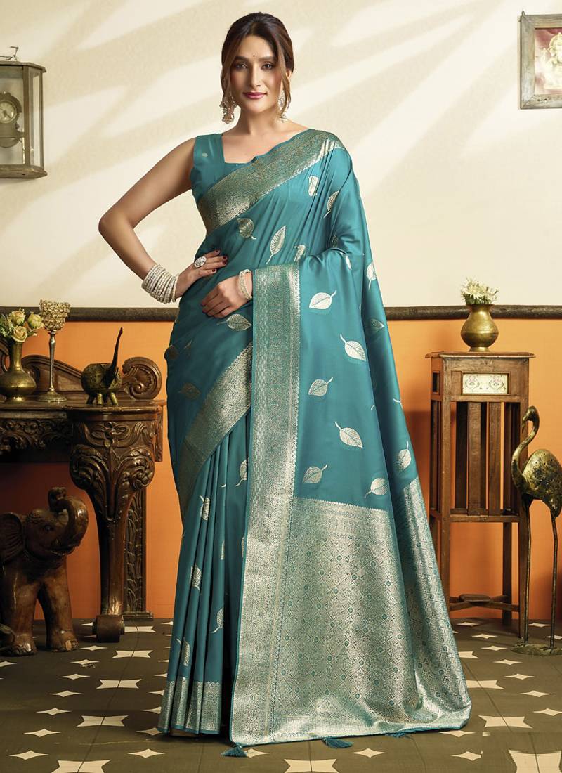peacock green soft silk saree with tassels festival wear saree